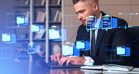 Poster - Man with laptop in office, document management system
