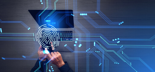 Poster - Businessman with smartphone and laptop, fingerprint hologram and lines