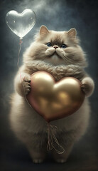 Sticker - Fluffy cat holding a heart shape balloons magic Generative AI