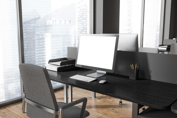 Poster - mock up computer screen on gray and wooden office table