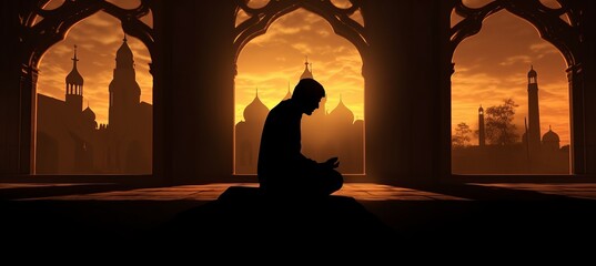 Wall Mural - Silhouette of muslim man praying in mosque background at sunset. Islam religion concept. Generative AI.