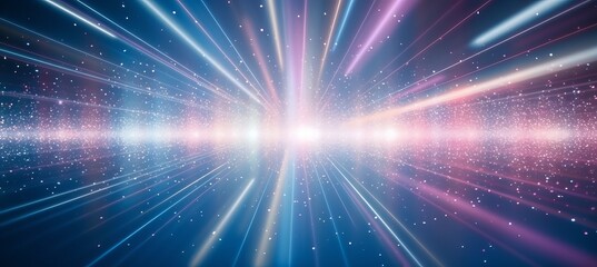Speed of light ray and glitter on dark space background. Blue pink yellow colors. Generative AI technology.