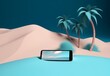 creative holiday up sea cyber mock concept sand phone summer palm. Generative AI.