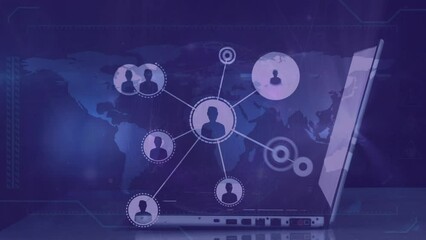 Poster - Animation of network of profile icons over world map against mid section of a man using laptop