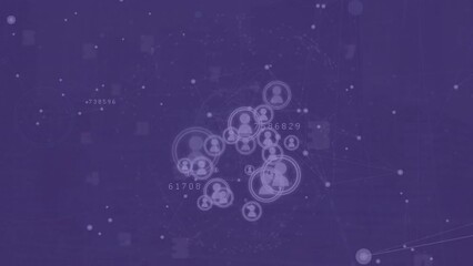 Wall Mural - Animation of network of connection and profile icons floating against purple background