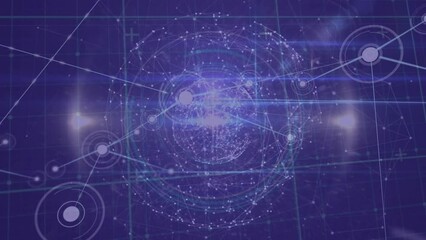 Poster - Animation of network of connections over globe and light trails against blue background