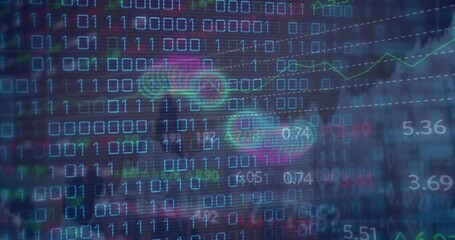 Poster - Animation of binary coding and stock market data processing against aerial view of cityscape