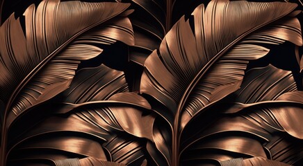 Wall Mural - Grunge bronze banana leaves, palm. Tropical exotic seamless pattern. Hand-drawn dark vintage 3D illustration. Nature abstract background. Good for luxury wallpapers, cloth,  Generative AI