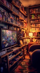 Wall Mural - Retro game room, room for playing classic video games, 80s and 90s. Arcade machines, game consoles, nostalgic decor. Generative AI