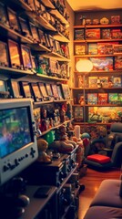 Retro game room, room for playing classic video games, 80s and 90s. Arcade machines, game consoles, nostalgic decor. Generative AI