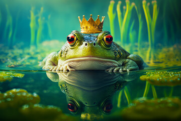 Wall Mural - Frog with crown sitting on top of it's head in the water. Generative AI.