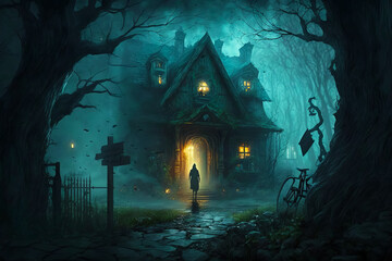 Canvas Print - person standing in front of creepy house in the woods at night. generative ai.