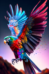 Sticker - Multicolored bird is flying in the air with its wings spread. Generative AI.