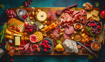 Sticker - Platter of meats, cheeses, fruit, and nuts. Generative AI.