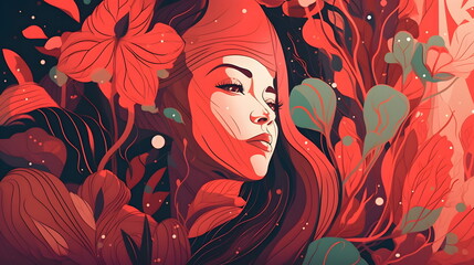 Sticker - Image of woman with red hair and flowers in her hair, looking to her left. Generative AI.