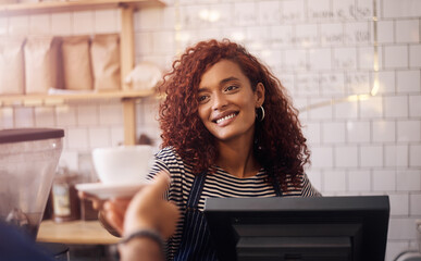 Canvas Print - Happy woman, barista and cup of coffee to customer in cafeteria, restaurant shop and food service industry. Waitress, worker and giving drinks order, cappuccino and tea with smile in small business