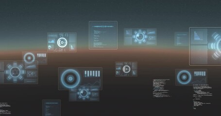 Poster - Animation of round scanners and data processing against grey gradient background