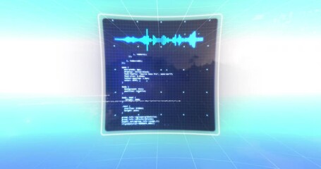 Poster - Animation of multiple screens with data processing against blue gradient background