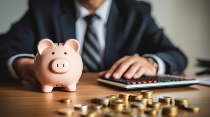 piggy bank with businessman and calculator and coin on wood table. Saving money wealth and financial concept. Business, finance, investment, Financial planning. Generative AI