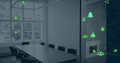 Poster - Animation of two globes of digital icons spinning against empty meeting room at office