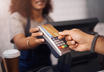 Credit card machine, cafe and hands of customer for b2c shopping, point of sale transaction and finance. Closeup, nfc and contactless payment in coffee shop at cashier, rfid technology and services