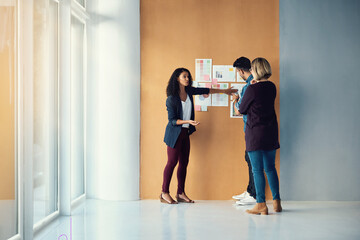 Aufkleber - Wall, planning business people and woman explain creative design ideas, entrepreneurship plan or research development. Management group, meeting presentation report and team listen to proposal idea