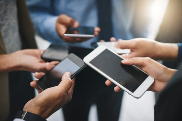 Poster - Business people, hands and phone with digital and screen in a office with online data. Contact, collaboration and web management team on mobile with sales charts and social network for planning