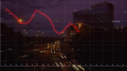 Poster - Animation of statistical data processing over grid network against aerial view of night city traffic