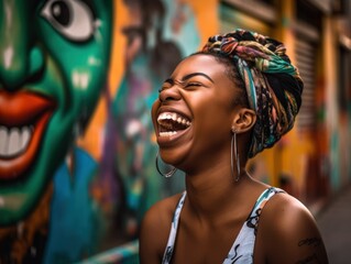 Candid shot of a vivacious African woman, laughing and flashing her pearly whites while posing in front of colorful street art. Generative AI