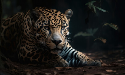 Photo of jaguar crouched & ready to pounce with intense focus. lighting highlighting jaguar's muscular form and sleek coat showcasing the raw power & beauty of this majestic predator. Generative AI