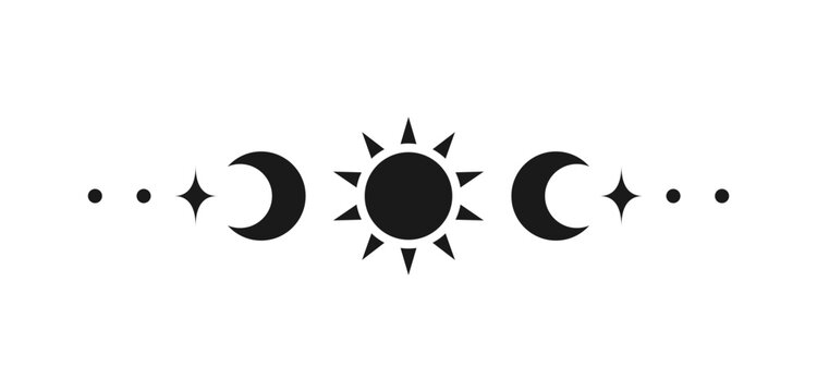 Celestial text divider with sun, stars, moon phases, crescents. Ornate boho mystic separator decorative element