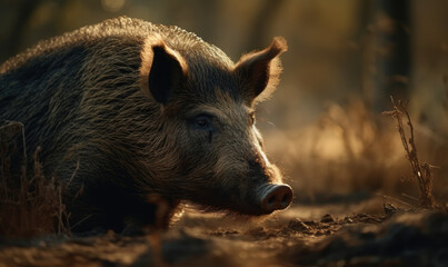 close up photo of hog on blurry forest background. generative ai