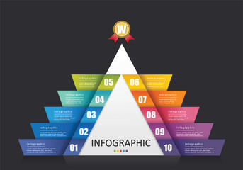 Fototapete - vector triangular pyramidal infographic with hierarchical hierarchy showing 10 layers of gradients in bright colors on a modern gray background for finance education presentation and administration.
