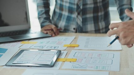 ux Graphic designer creative sketch planning application process development prototype wireframe for web mobile phone . User experience concept.