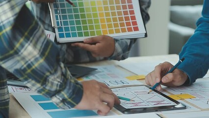 ux Graphic designer creative sketch planning application process development prototype wireframe for web mobile phone . User experience concept.