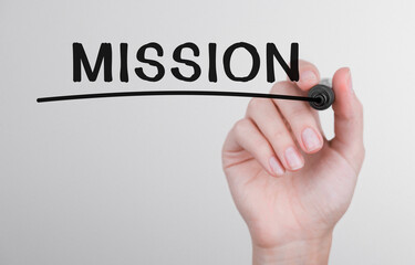 Poster - Womans hand writing word Mission with marker