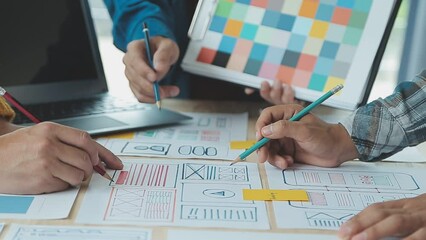 ux Graphic designer creative sketch planning application process development prototype wireframe for web mobile phone . User experience concept.