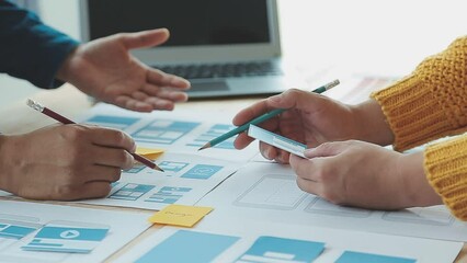 ux Graphic designer creative sketch planning application process development prototype wireframe for web mobile phone . User experience concept.