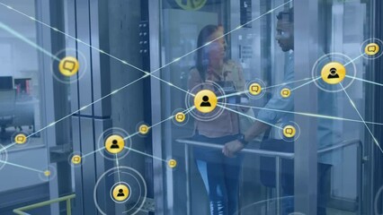 Poster - Animation of network of digital icons against diverse man and woman discussing in elevator at office