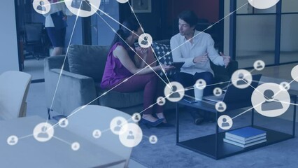 Poster - Animation of network of profile icons against diverse man and woman discussing at office