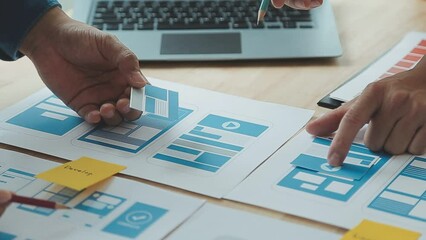 ux Graphic designer creative sketch planning application process development prototype wireframe for web mobile phone . User experience concept.