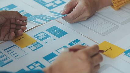 ux Graphic designer creative sketch planning application process development prototype wireframe for web mobile phone . User experience concept.