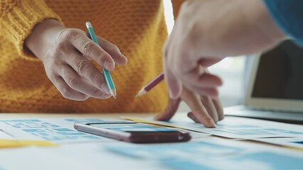 ux Graphic designer creative sketch planning application process development prototype wireframe for web mobile phone . User experience concept.