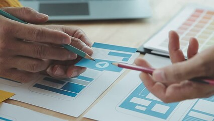 ux Graphic designer creative sketch planning application process development prototype wireframe for web mobile phone . User experience concept.