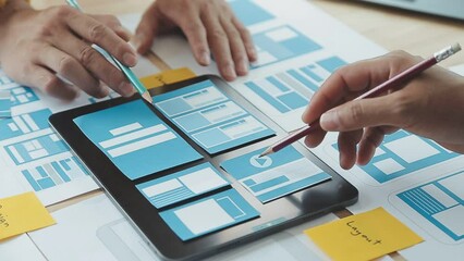 ux Graphic designer creative sketch planning application process development prototype wireframe for web mobile phone . User experience concept.