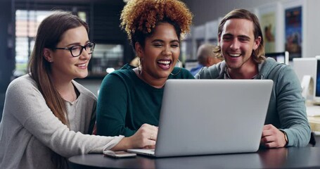 Aufkleber - Laptop, library and college students or friends laughing together for research, assignment or meme. Diversity of women and a man at table with internet for learning, education and studying at campus