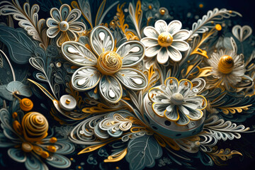 Wall Mural - Luxury golden flower decorative detailed background. Wall art, furniture detail, floral motif. Generative AI