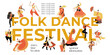 Ethnic and cultural diversity. Folk dance festival banner template with collection of people in traditional costumes from different countries. Isolated characters