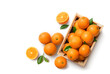 Top view of fresh oranges in wooden crate isolated on whitebackground.
