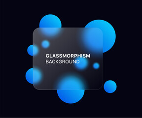 Poster - glassmorphism background banner with transparent glass frame template . Realistic Frosted glass morphism effect with blurred abstract gradient blue circle shapes. Vector illustration